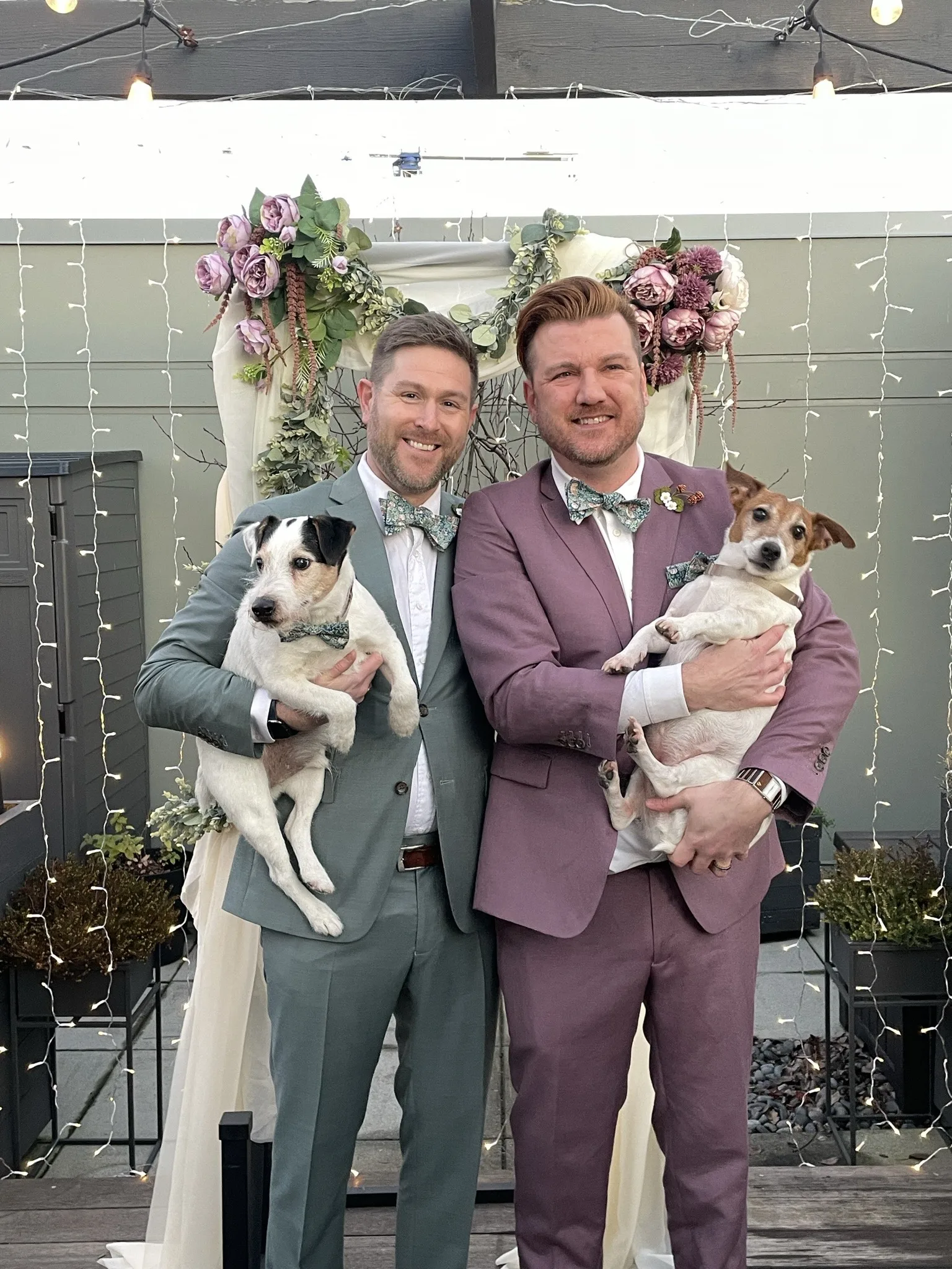Vancouver elopement with Young Hip & Married, lgbtq+ queer wedding, matching suits and holding dogs