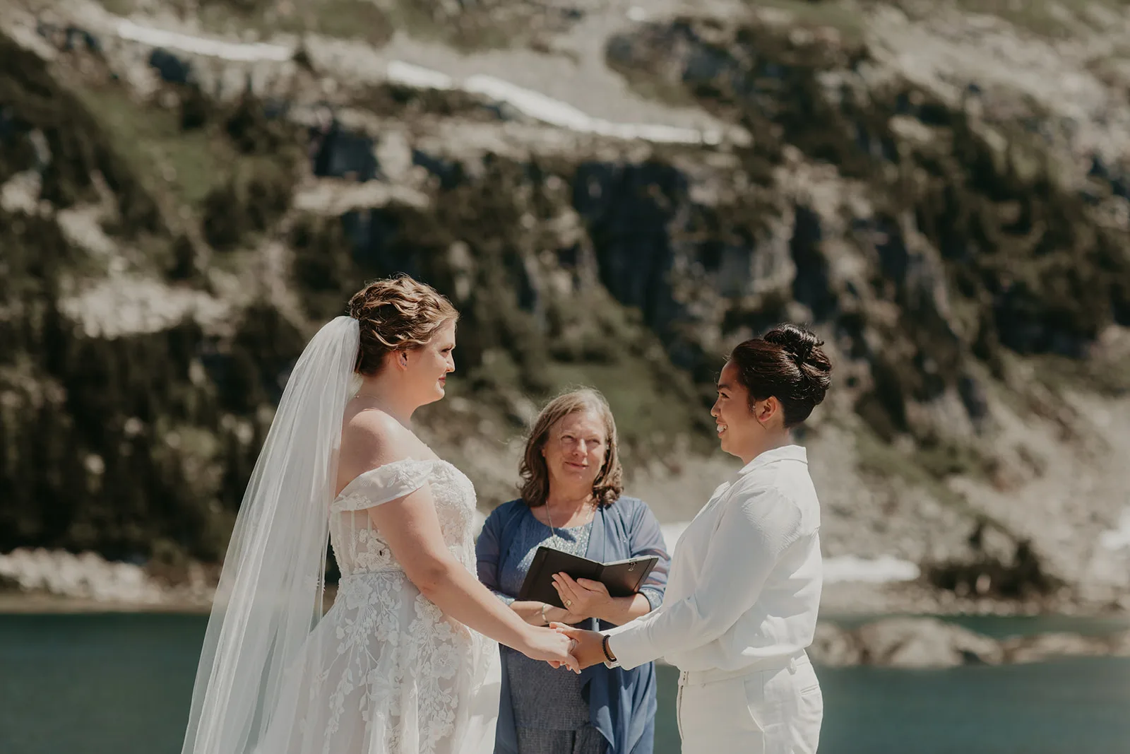 Domminique and Jasmine during their elopement with wedding officiant Rhona, Erica Miller Photography